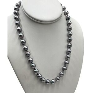 MMA MAD Signed 9-10MM Peacock Gray Round Black Luster faux Pearl Necklace